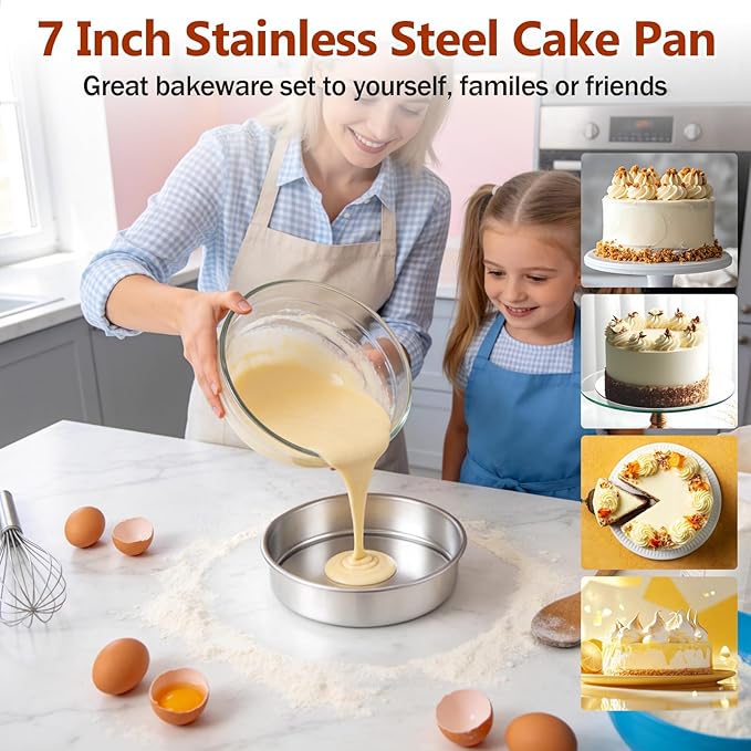 P&P CHEF 7 Inch Cake Pan, 1 Piece Round Layer Cake Baking Pan, Stainless Steel Smash Cake Tin Bakeware for Cooking Steaming, Nontoxic & Sturdy, Oven & Dishwasher Safe