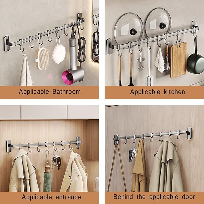 Utensil Hooks Kitchen Rail with Hooks Kitchen Hooks for Utensils Utensil Holder Wall Utensil Rack Kitchen Hooks,Black,45cm