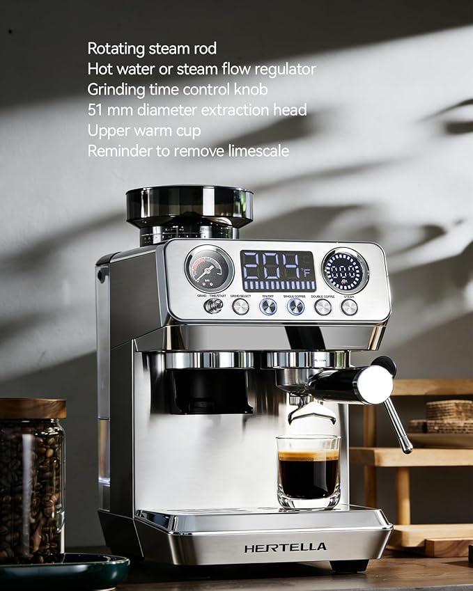 HERTELLA Espresso Machines with Burr Grinder, 20 Bar Visual Pressure Gauge, Milk Frother Steam Wand, Stainless Steel, 4 Temperature Modes (Hot and Cold Brew),Automatic Pressure Release Function