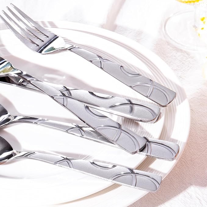 HIKAA 24PCS Stainless Steel Silverware Set with Steak Knives, Modern Flatware Set for Kitchen, Mirror Polished Cutlery Set with Forks, Spoons and Knives,Dishwasher Safe