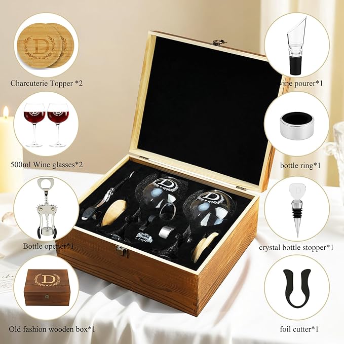 GZLDGIFTS Personalized Initial Wine Glasses Box Gift Set for Women Mom Engraved Birthday Monogrammed Wooden Wedding Anniversary Wine Couples Stopper Opener Initial Letterr (P Set)