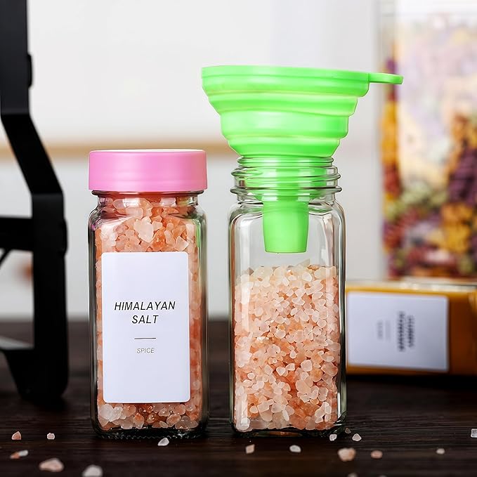 36 Glass Spice Jars with Label-4oz Spice Containers with Pink Lids and Shaker Lids,3 Sets of Spice Labels 1 Collapsible Funnel 2 Erasable Markers (36)