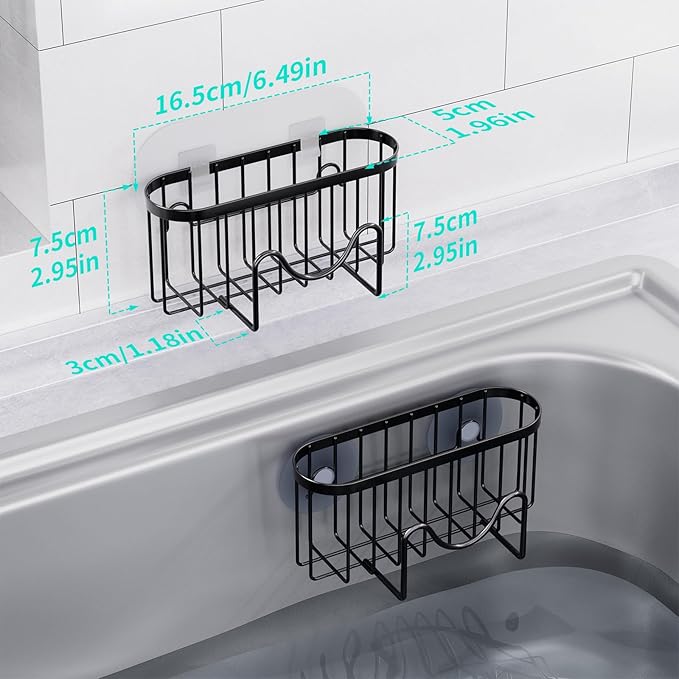 HapiRm Multifunctional Sponge Holder with Unique M-Shaped, Two Installation Methods Kitchen Sink Organizer, Rustproof Stainless Steel Sink Caddy -Black(2-Pack)