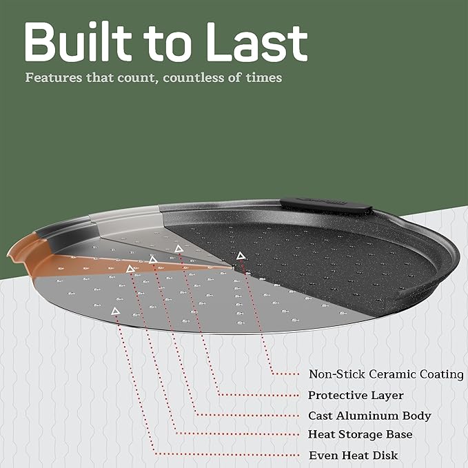 Non-Stick Pizza Pan with Silicone Handle 2 Pack, 13 Inch Round Carbon Steel Tray with Perforated Holes, Dishwasher & Oven Safe Up To 450°F, PFOAPFOSPTFE Free, Durable Nonstick Gray Marble Coating