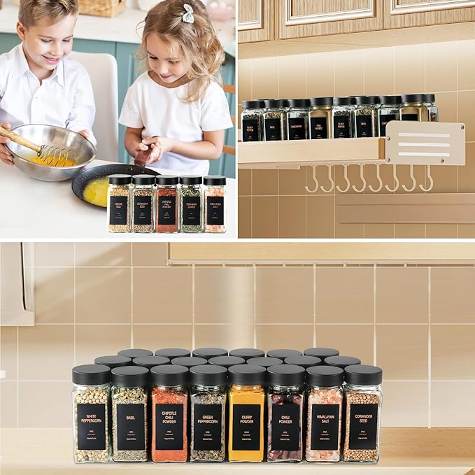 Spice Jars with Label,4oz Glass Spice Bottles With Shaker Lids,Seasoning Containers with Funnel, Chalk Pen for Cabinet,Drawer,Rack (Black, 36)