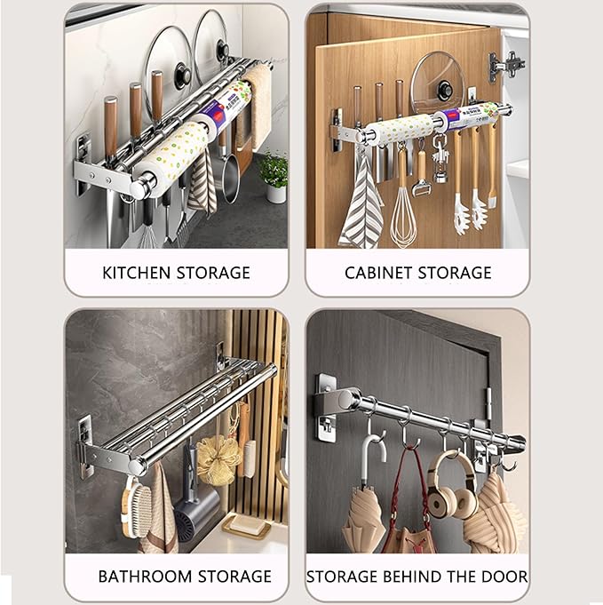 Hanging Wall Mount knife Wall Mount, Kitchen Organizer Storage Shelf for Utensils Spatula Spoon, Space-Saving Knife Rack with Hooks,Wall-Mounted Utensil Holder (Grey, 50CM+Three Poles+8Hooks)
