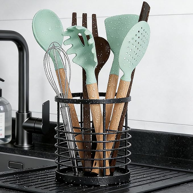 Utensil holder for Kitchen Counter - 5.2" x 5.2" x 6" Large Round Utensils Holder with Wooden Base Matte Black Cooking Utensil Holder,Kitchen countertop Utensil Organizer (Metal-1)