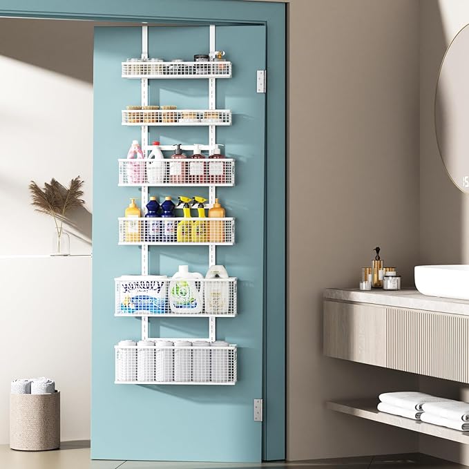 Bunoxea 6-Tier Over The Door Pantry Organizer,Hanging Spice Rack,Over Door Adjustable Basket with Handle,Pantry Organization And Storage, Laundry Room,Bathroom,Large Capacity,D5.3xW15.7xH60.9in