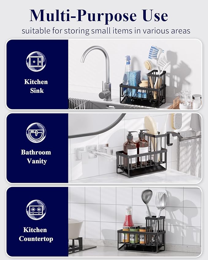 Kitsure Sponge Holder for Kitchen Sink - Rustproof Stainless Steel Sink Caddy Organization and Storage Essentials with High Brush Holder, Home Decor Accessories, 7.9" x 3.7" x 6.2", Black