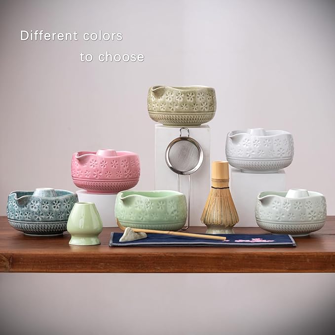 Buucup Matcha Whisk Set, Ceramic Matcha Kit Set Includes Matcha Bowl, Matcha Whisk and Holder, Bamboo Scoop, Scoop Rest, Sifter and Tea Towel - 7 Pcs Matcha Kit for Matcha Lovers (Mint)