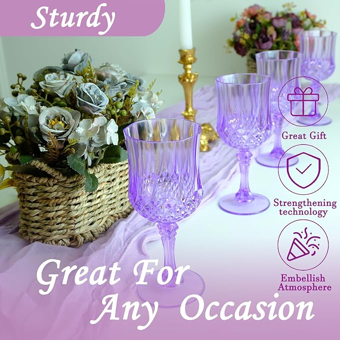 Plastic Wine Glasses, Plastic Goblets Vintage Style Cordial Unbreakable Drinking Glasses, Reusable Drinkware for Wedding Reception, Grand Event Party Supplies (48, Purple)