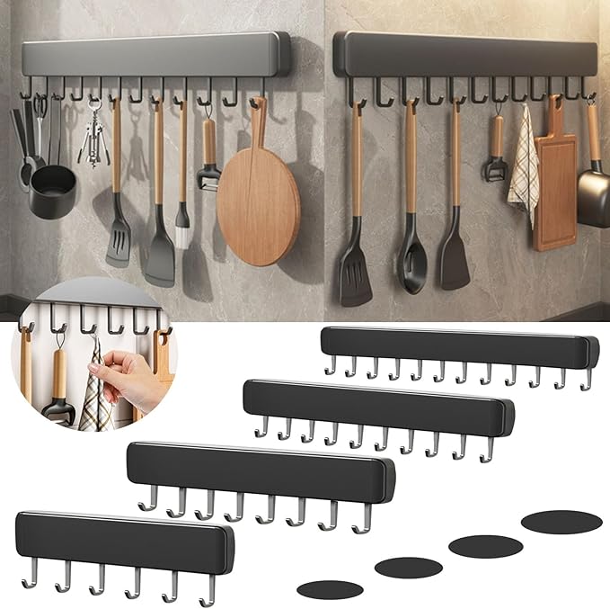 Kitchen Utensil Hanger Wall Mounted Hooks, No Drilling Removable and Adjustable Hooks Kitchen Rail with 8 Hooks for Hanging Cooking Utensils, Mugs, Spoons (12 Hooks)