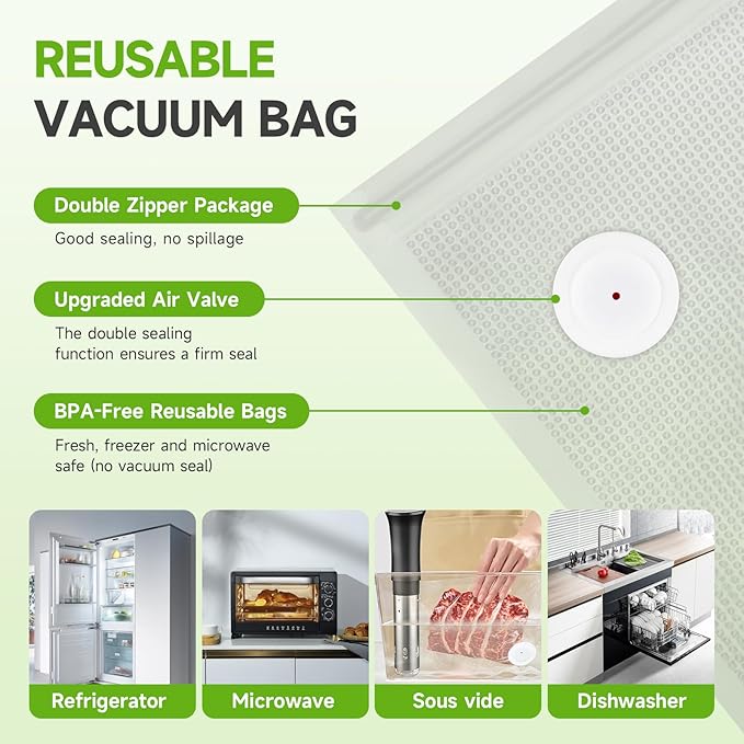 Vixino Vacuum Sealer Bags, 40 Reusable Vacuum Sealer Bags for Food, BPA-Free, Meal Prep and Sous Vide Cooking,Works for Handheld Sealer and Vac Sealer Machine with External Vacuum Systems