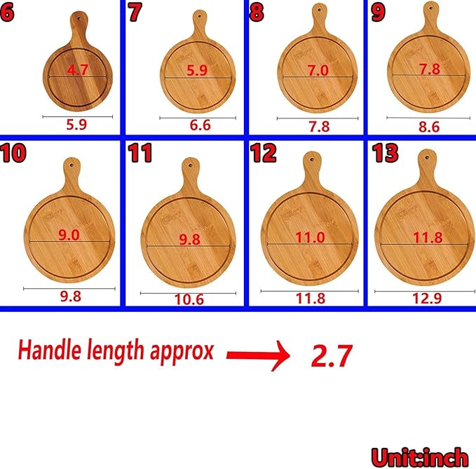 6 Pack Pizza Board Set – Premium Wooden Pizza Plates for Serving & Cutting, Round Bamboo Pizza Plate with Handle, Durable & Lightweight for Home & Restaurant (Up to 13 Inches),12inch