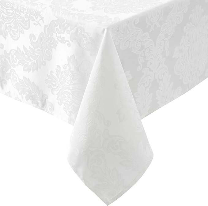 Newbridge Barcelona Luxury Damask Fabric Tablecloth, 70” Extra Wide x 144” Rectangle, White, 100% Polyester, No Iron, Soil Resistant Dining Room, Party and Banquet Table Cover