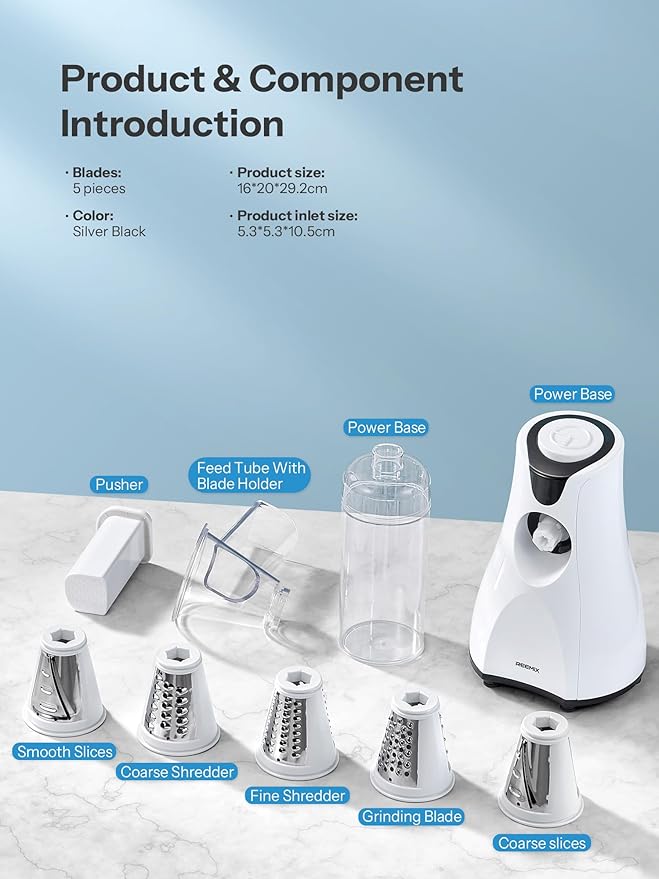 Electric Cheese Grater, Reemix 5 Multi Blade Cheese Shredder Salad Maker, One Touch Easy Control, Multi Salad Maker for Vegetables, Cheeses and Nuts, White