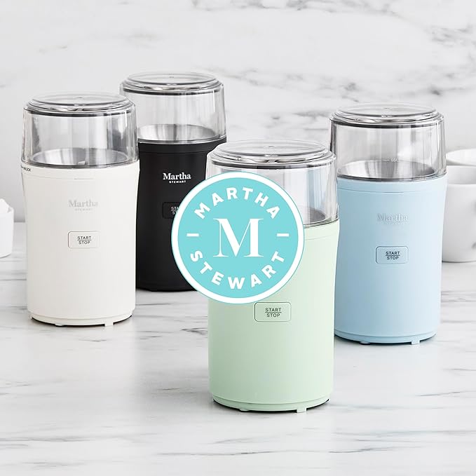 Martha Stewart Electric Coffee & Spice Grinder, Dual 2.5oz Removable Bowls, Storage Lids, Stainless Steel Blades, One Touch Pulse Control, 2-in-1 Compact, Beans & Spices, Herbs & Nuts, Linen White