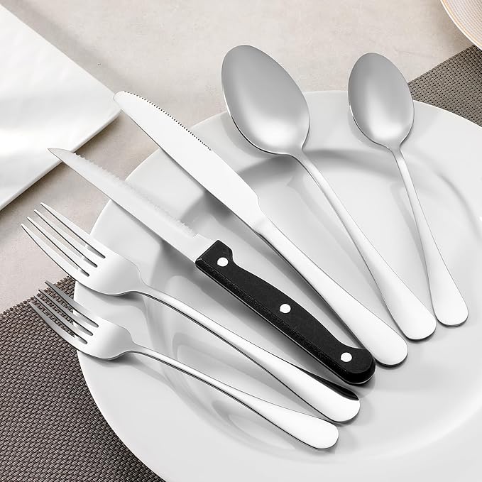 16 Pcs Forks and Spoons Silverware Set, Food Grade Stainless Steel Flatware Cutlery Set for Home, Kitchen and Restaurant, 8 Dinner Fork(8") and 8 Teaspoon(6.7"), Mirror Polished, Dishwasher Safe