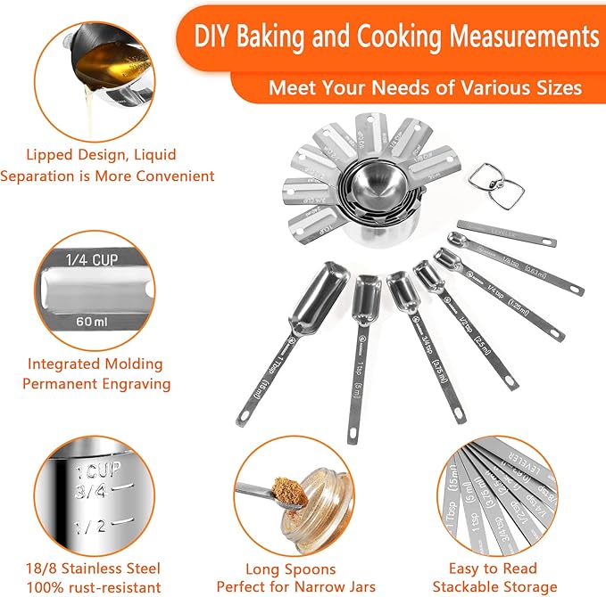 Measuring Cups and Spoons Set of 19 - Stackable Stainless Steel Measuring Cups Spoons & Plastic Measuring Cup for Dry and Liquid Ingredients, Cooking & Baking Kitchen Gadgets