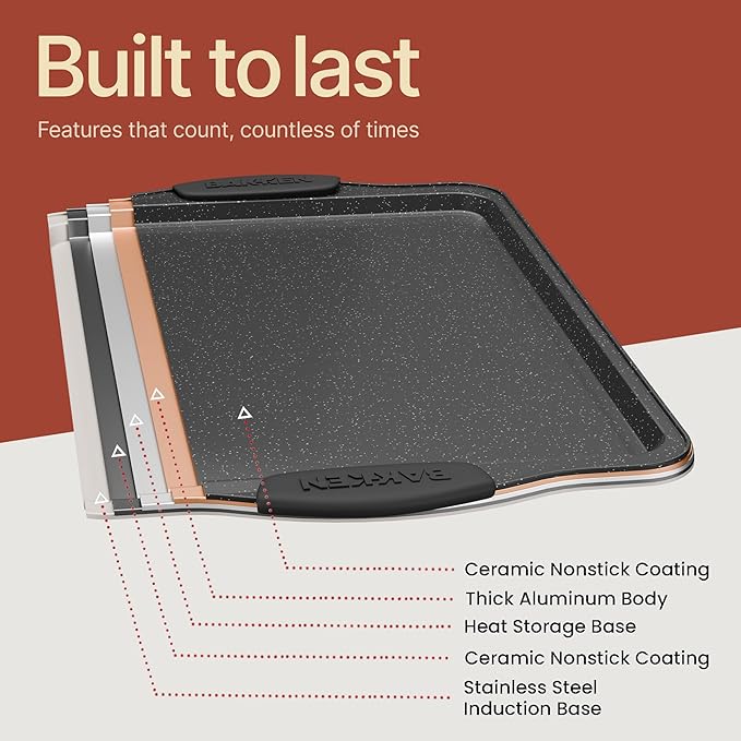 BAKKEN Kitchen Baking Pan Set - Nonstick Coating, Carbon Steel Bakeware Sets with Gray Silicone Handles, Baking Kitchen Essentials, PFOA, PFOS, PTFE Free, Oven Safe Tray (Up To 450° F), Set of 10