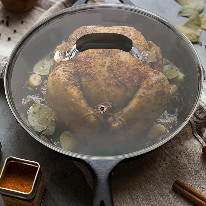 12 Inch Tempered Glass Pot Lid Compatible with 12” Lodge Cast Iron Skillets and 7 Quart Dutch Ovens - Designed with Steam Vent Hole and Heat Resistant Handle