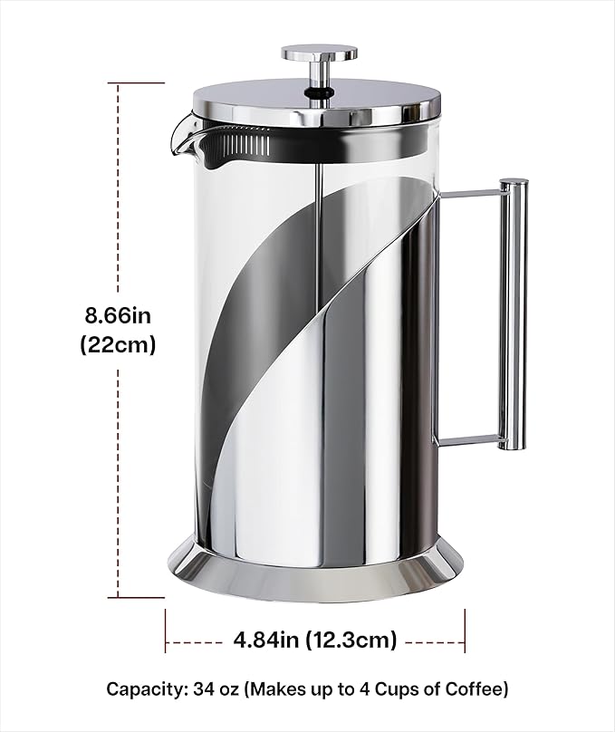 Cafe Du Chateau Stainless Steel French Press Coffee Maker 34 oz – Insulated Coffee Press with 4-Level Filtration, Manual Brewer for Tea, Camping & Travel, BPA-Free Glass (Pack of 2)