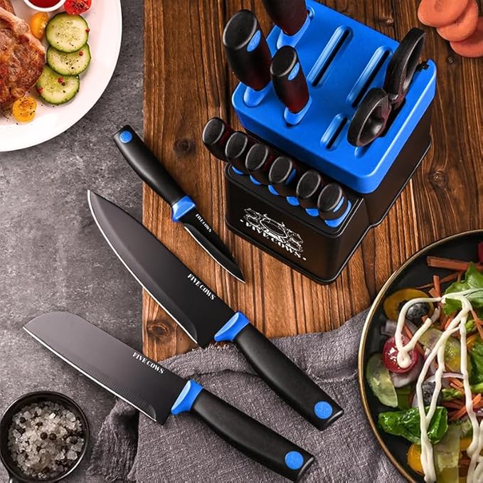 14 Pcs Kitchen Knife Block Set with Sharpener German High Carbon Stainless Steel Chef Knives, Razor-Sharp & Durable, Lightweight Anti-Slip Handle, Professional Set for Home & Kitchen (Blue)