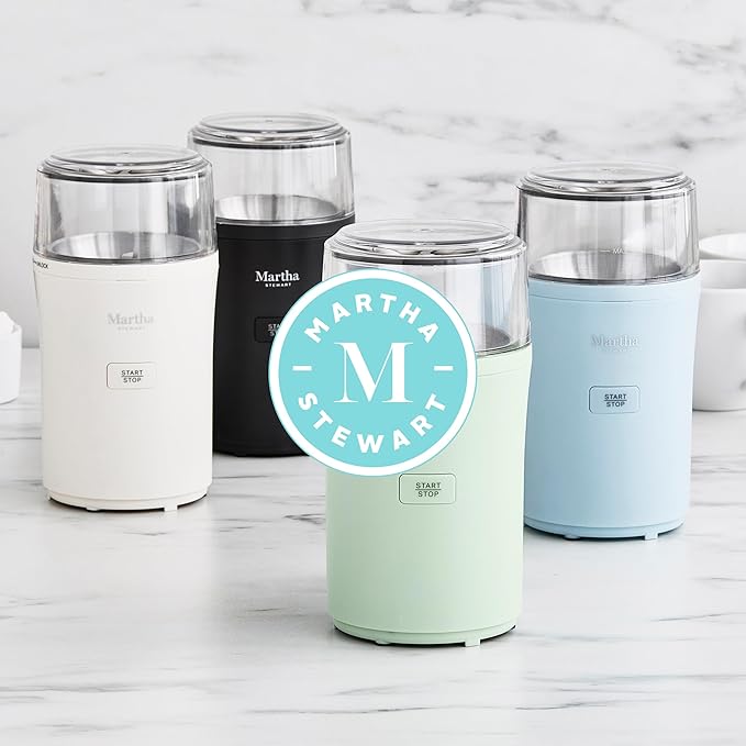Martha Stewart Electric Coffee & Spice Grinder, Dual 2.5oz Removable Bowls, Storage Lids, Stainless Steel Blades, One Touch Pulse Control, 2-in-1 Compact, Beans & Spices, Herbs & Nuts, Honeydew Green