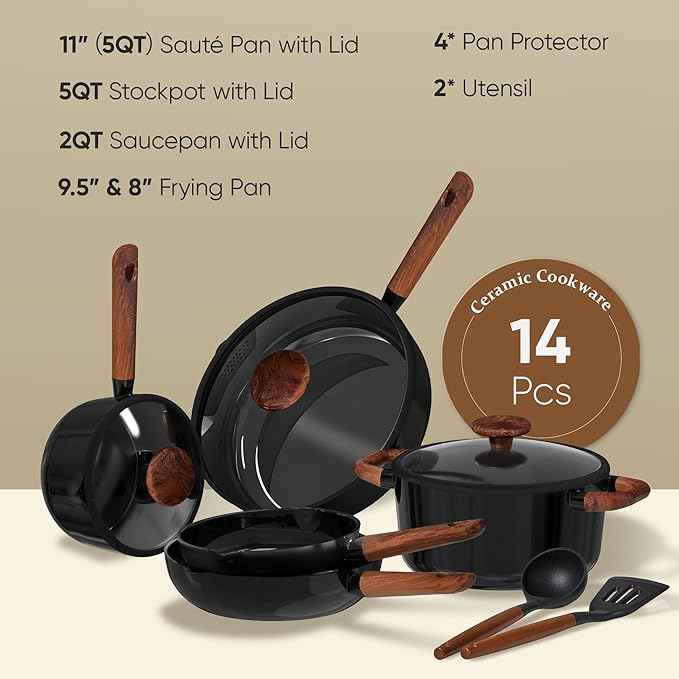 CAROTE ceramic cookware set,nonstick pots and pans,14PCS Non Toxic Healthy Non Stick Kitchen Cooking Pots and Frying Pans Set, PFAS PTFE Free