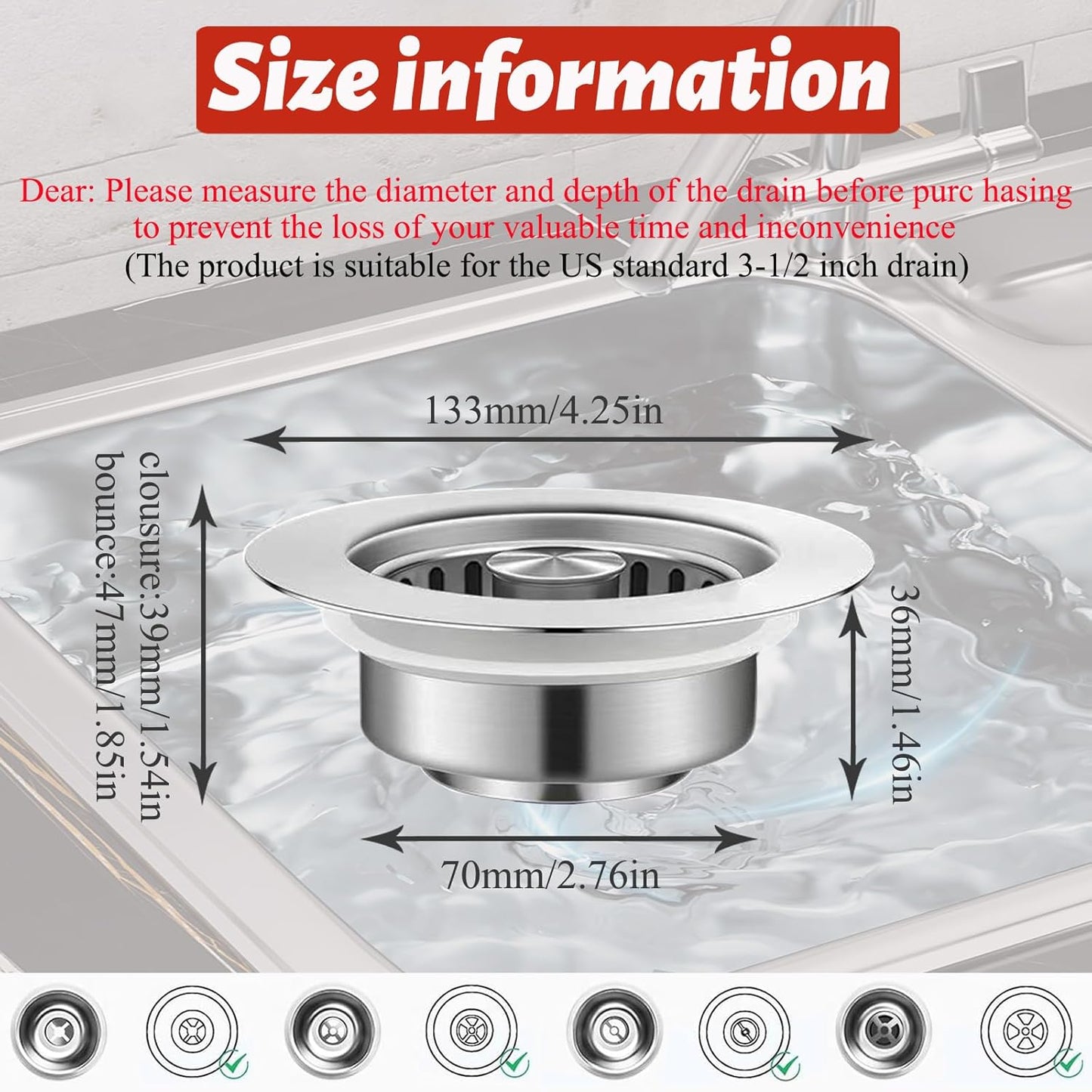 Kitchen Sink Drain Strainer,Upgraded 304 Stainless Steel 3 in 1 Pop-up Sink Drain Strainer Kitchen Drain Strainer Cover and Sink Stoppers Combo,Standard 3-1/2 in Hole