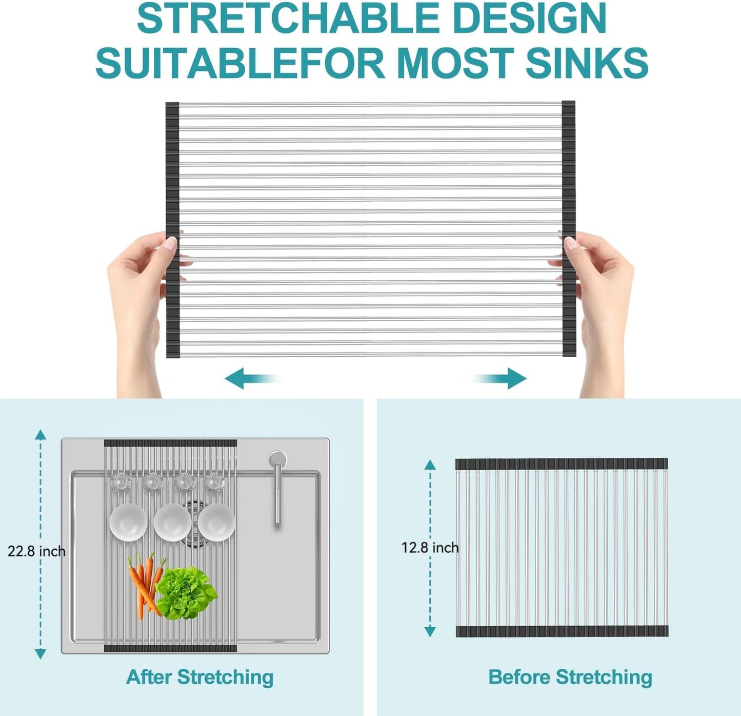 BBXTYLY Extra Large Expandable Roll Up Dish Drying Rack,Over The Sink Drying Rack Sink Cover Kitchen Sink Accessories Kitchen Rolling up Stainless Steel Drainer, Foldable,Rollable(Black,22.8''-17'')