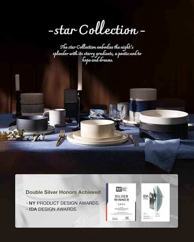 famiware Star Dinnerware Set with Mugs, Service for 6 (24 Pieces), Ribbed Stoneware Plates and Bowls Dishes Sets - Chip & Scratch Resistant, Microwave & Dishwasher Safe, Matte White