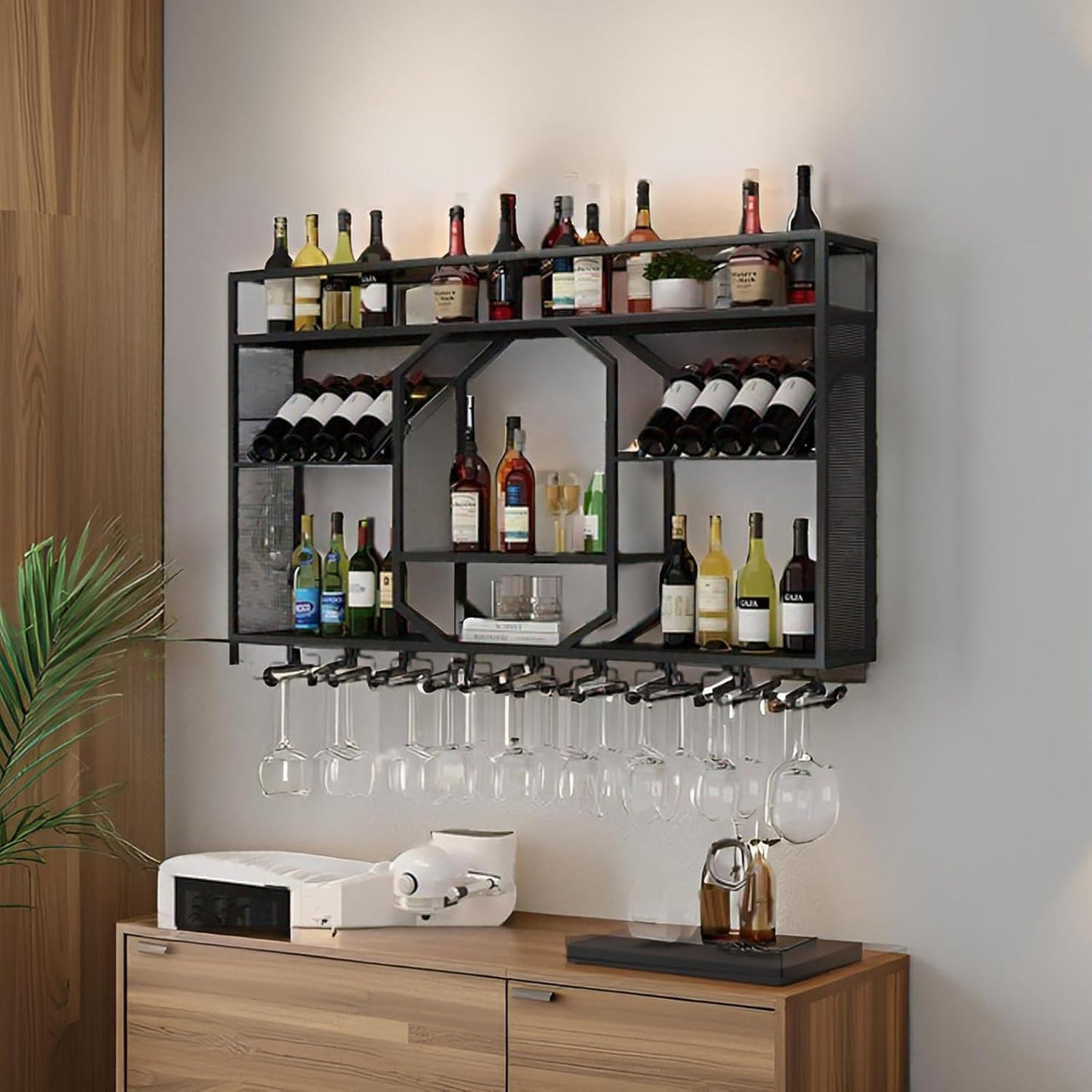 Wall Mounted Wine Rack, 3-Tiers Metal Bar Bottle Holder, Modern Wine Glass Storage Display Shelves, Wall Wine Rack for Kitchen Bar Dining Rooms Decoration (Gold, 47.24in/120cm)