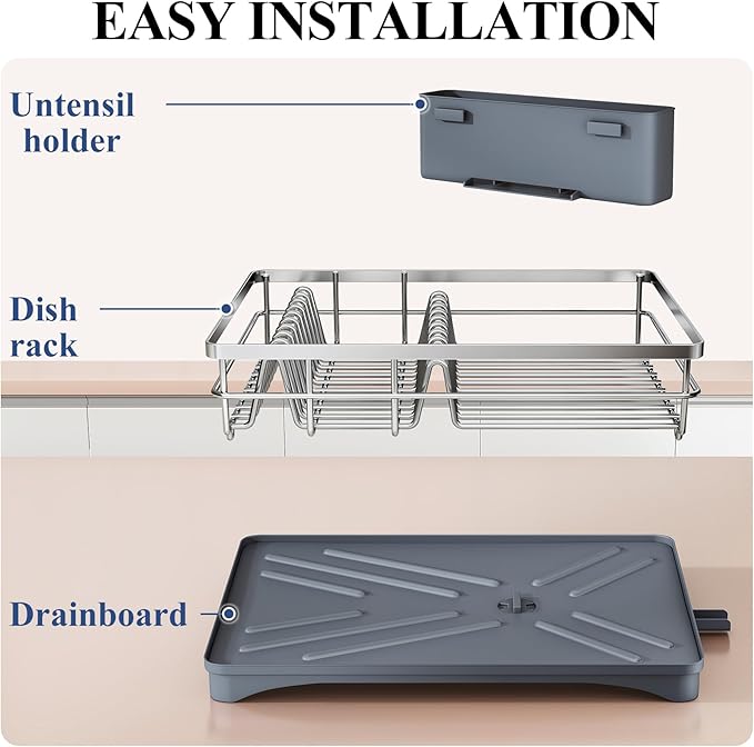 SNTD Dish Drying Rack for Kitchen Counter - Stainless Steel Dish Rack with Drainboard, Large Dish Drainer with Utensil Holder for Sink, Silver