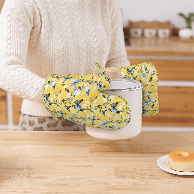Oven Mitts and Pot Holders Watercolor Pastel Butterfly Flower Silicone Kitchen Accessories Set of 4 Heat Resistant Long Gloves Potholder Non-Slip Grip for Chef Cooking Baking Grilling BBQ