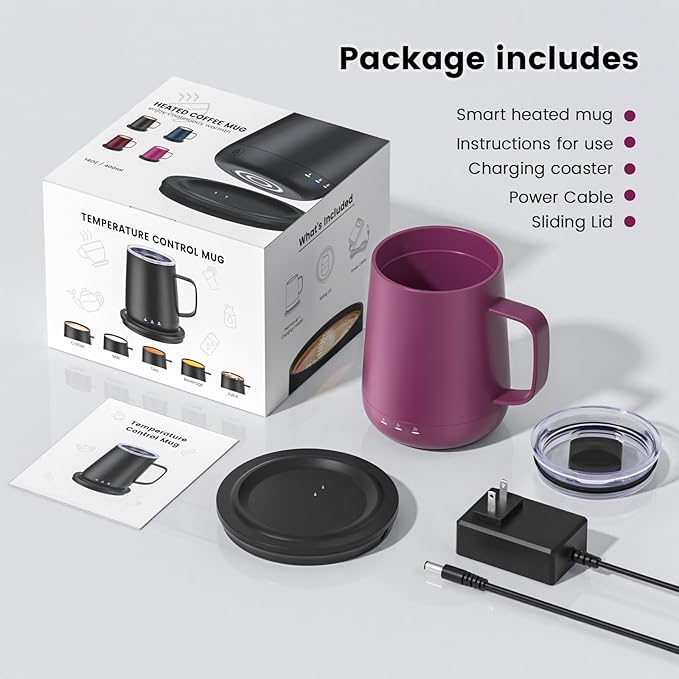 Smart Self Heating Coffee Mug,14oz Temperature Control Coffee Mug,Hot up to 150°F,Rechargeable Heated Coffee Mug,Up to 6H Battery Life,Coffee Cup Warmer,Great Gift for Coffee Lovers,Dad,Mom (Rose Red)