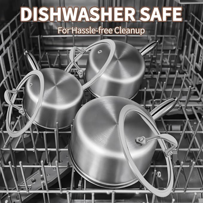 EWFEN 3 Ply Stainless Steel Saucepan with Lid, 3 Quart Multipurpose Cooking Pot, Stay-Cool Handle, Induction Oven Dishwasher Safe, 3 QT