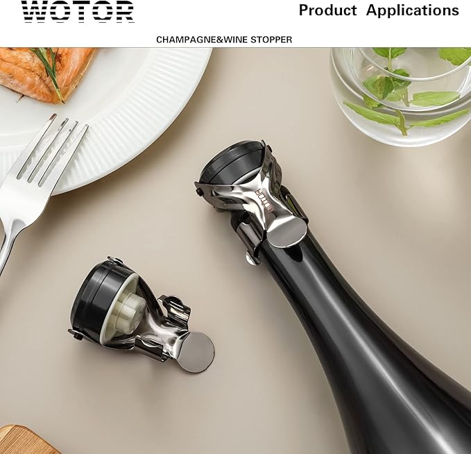 WOTOR Champagne&Wine Bottle Stoppers Stainless Steel with Food Grade Silicone, Leak Proof Keep Fresh Reusable Saver, Cork Suitable for Wine, Champagne, Cava, Prosecco and Sparkling (4 Pack Black)