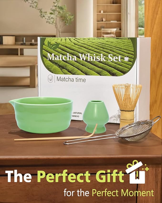 Vaiheng Matcha Whisk Set with Matcha Bowl, Matcha Whisk Holder Matcha Bamboo Whisk, Scoop, Sifter, Unique Gifts for Women Men Girl Friend Home Kitchen Decor(Light Green)