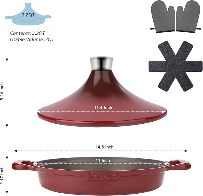 Non-Stick Frying Pan/Skillet 11", 3QT Tagine Pan,Cast Aluminum Pans with Lid, Stove/Oven-to-Table Cookware, Dishwasher Safe& Compatible with All Stovetops(Red)