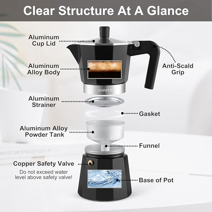 Sivaphe Aluminum Moka Pot 9 Espresso Cups, Percolator Espresso and Coffee Maker, Portable Stovetop Italian and Cuban Café Brewer for Home and Camping Black