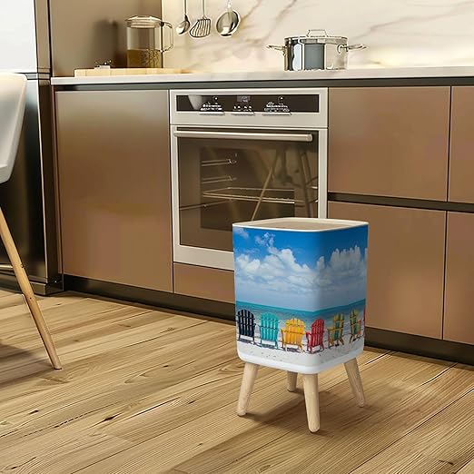 Small Trash Can with Lid Beautiful Color Chairs Beach Wastebasket with Press Cover Dog Proof Garbage Can Waste Bin for Kitchen Bathroom Nursery 2.6 Gallon