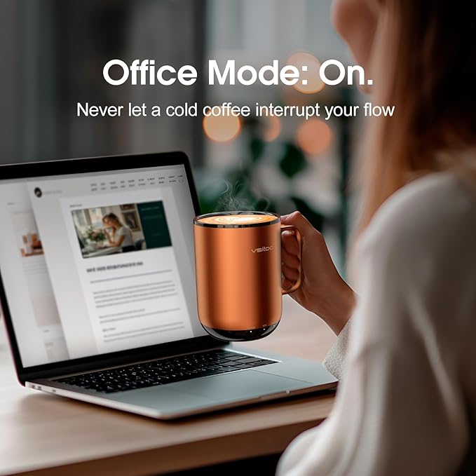 Vsitoo S3 Plus 14oz Heated Coffee Mug - Temperature Control Smart Mug with Mug Warmer, Auto-Sensing AI Heats Drinks to 120-150°F Hands-Free.Ideal for Home/Office/Gifts,Copper