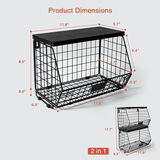 Goozii Black Kitchen Wall Hanging Storage Basket Set of 2, Rustic Stackable Kitchen Counter Fruit Organizer, Wire Baskets Container for Veggie, Garlic, Produce, Onion and Potato (Black Shelf)