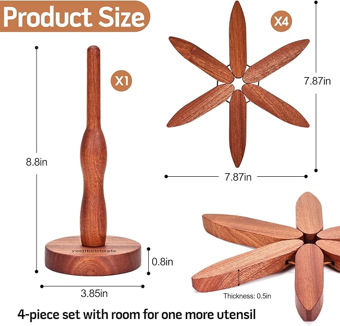 Trivets for Hot Dishes,Tree Shape Trivet Set,4 Wooden Trivets + 1 Stand, Heat-Resistant Foldable Wooden Tree Trivet Set for Pot、Bowl、Teapot、Hot Pot Holder