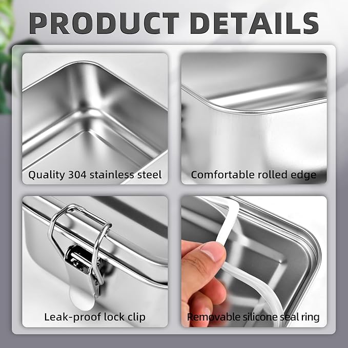 4 PCS Stainless Steel Bento Box 1400ml, Metal Bento Box, Metal Lunch Box, Food Containers, Stainless Steel Lunch Container for Home, Work, Camping