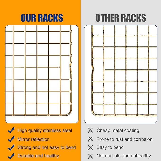 2-Pack Cooling Racks for Cooking and Baking - 10" x 15"Heavy Duty Stainless Steel Wire Rack for Baking, Grilling, Roasting - Oven & Dishwasher Safe - Fits Jelly Roll Sheet Pan(Gold)