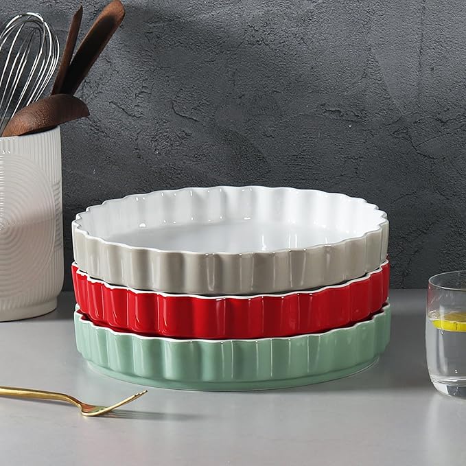 Quiche Baking Dish,Ceramic Pie Pan 11 Inch Reusable,Pizza Pan,Non-Stick Round Tart Pan with Ruffled Edge Microwave Dishwasher and Oven Safe (GREY)