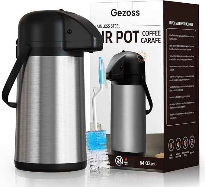 Coffee Carafe for Keeping Hot - Gezoss 64OZ / 1.9L Airpot Coffee Dispenser with Pump - Large Coffee Carafe for Hot Drinks Tea Liquid - Insulated Stainless Steel Hot Water Beverage Urn for Parties