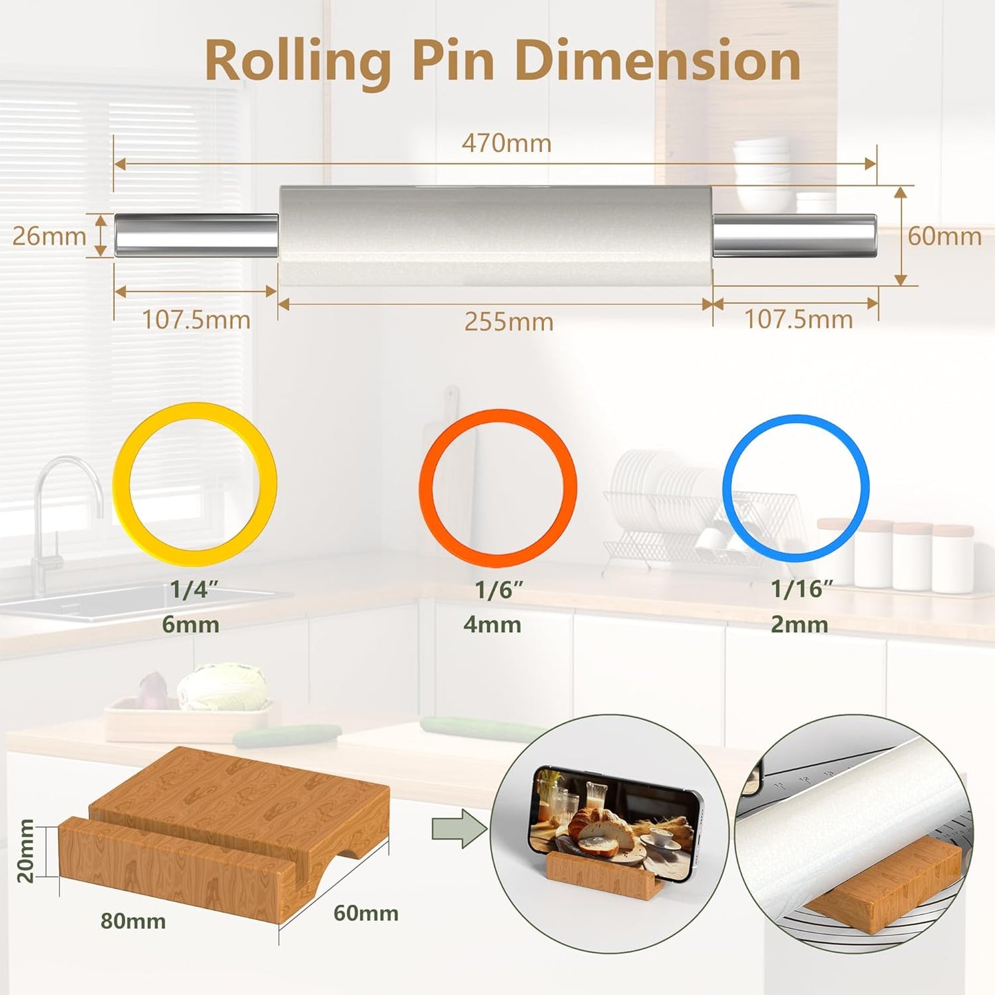 Marble Rolling Pin with Pastry Baking Mat and Stainless Steel Dough Cutter, 18.5â (Includes handle) Rolling Pin for Baking Cookie Crust Crisp Pizza with 3 Thickness Rings and Wood Stand